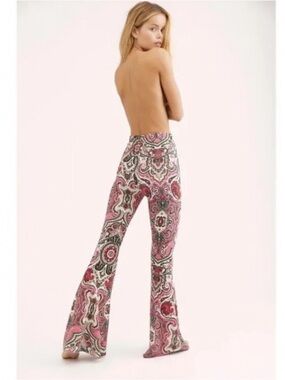 Free People High-Rise Pink Paisley Flare Pants